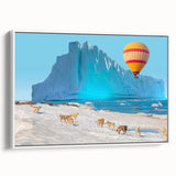 Vintage poster art of a Greenland scenery on framed canvas, featuring a palette of vivid greens and blues.
