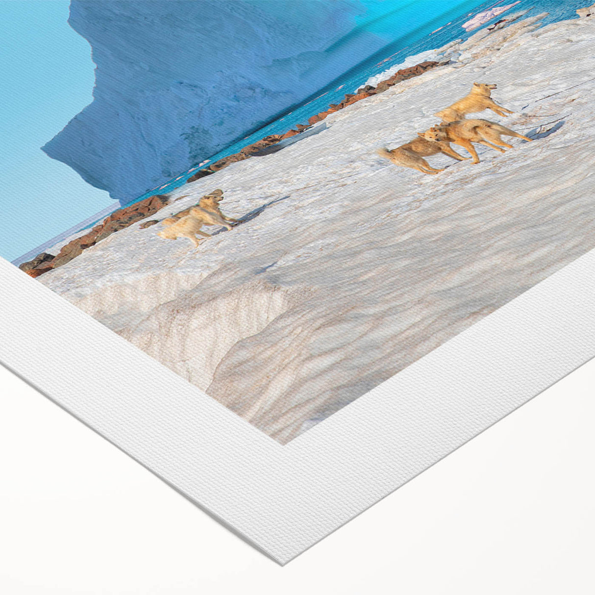 Art deco poster of a Greenland scenery in muted green and blue tones on rolled canvas, suitable for dining room wall art.