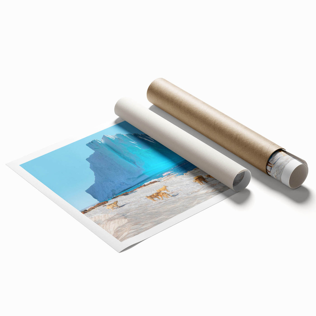 Extra large rolled print of a Greenland landscape with muted green and blue tones, ideal for classy bathroom wall art.