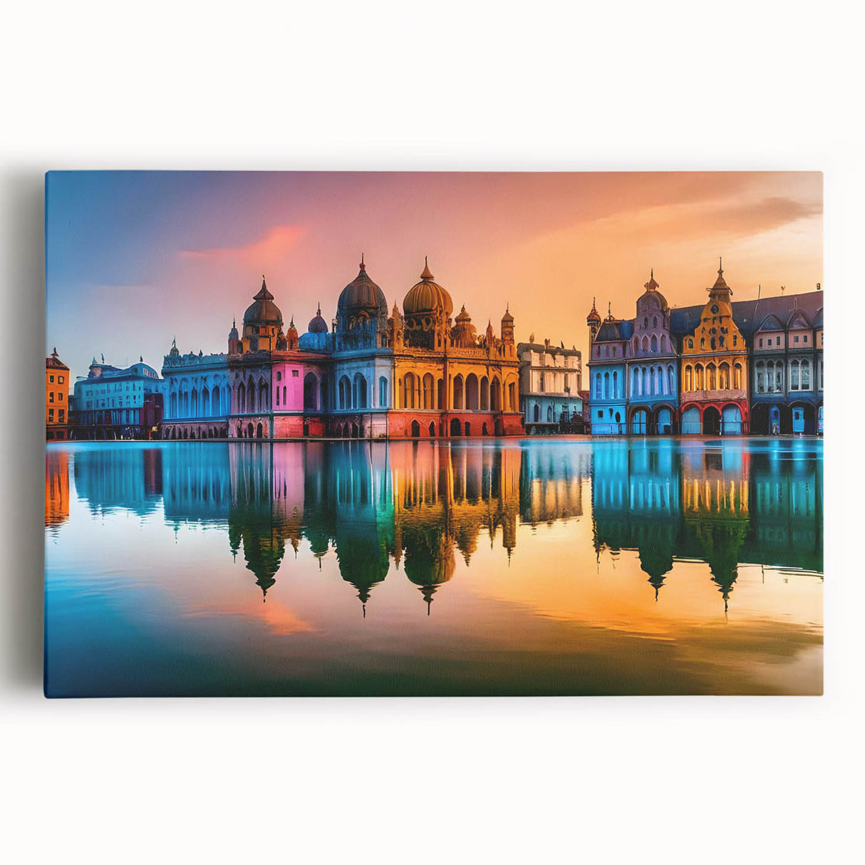 Black and white photograph of a European cityscape on stretched canvas, suitable as large kitchen wall art.