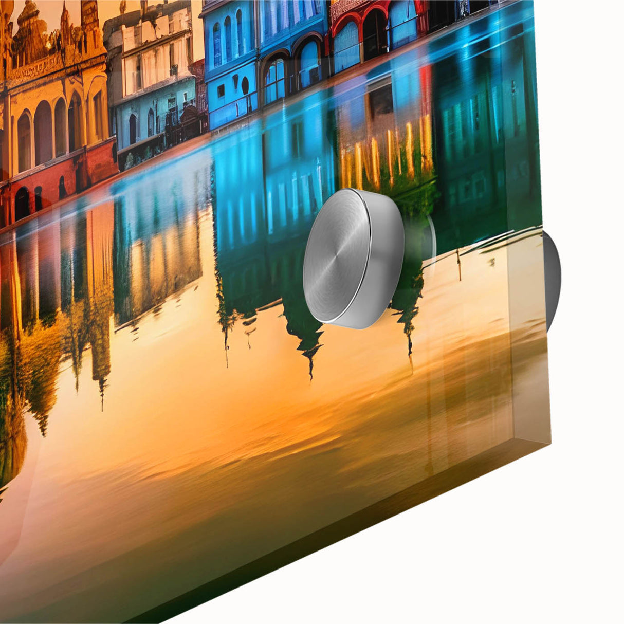 Mid-century modernist acrylic print of an abstract European scenery in muted earth tones, ideal for dining room art.
