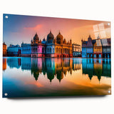 Acrylic glass print of a serene European landscape in muted green and blue tones, suitable for dining room decor.