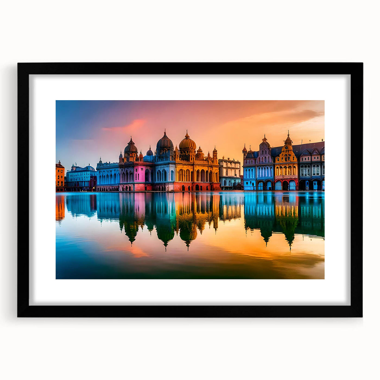 Extra large abstract art print featuring a colorful, textured depiction of a European scenery, framed in black.
