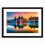 Extra large abstract art print featuring a colorful, textured depiction of a European scenery, framed in black.