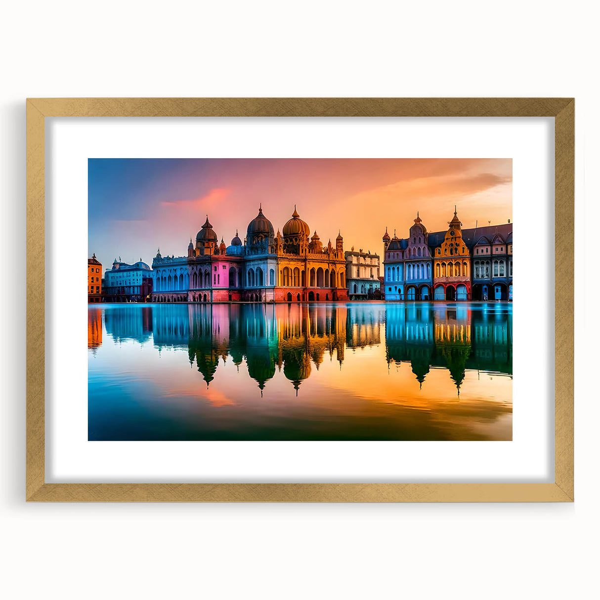 Extra large wall art featuring a textured abstract print of a European scenery in muted earth tones, framed in gold.
