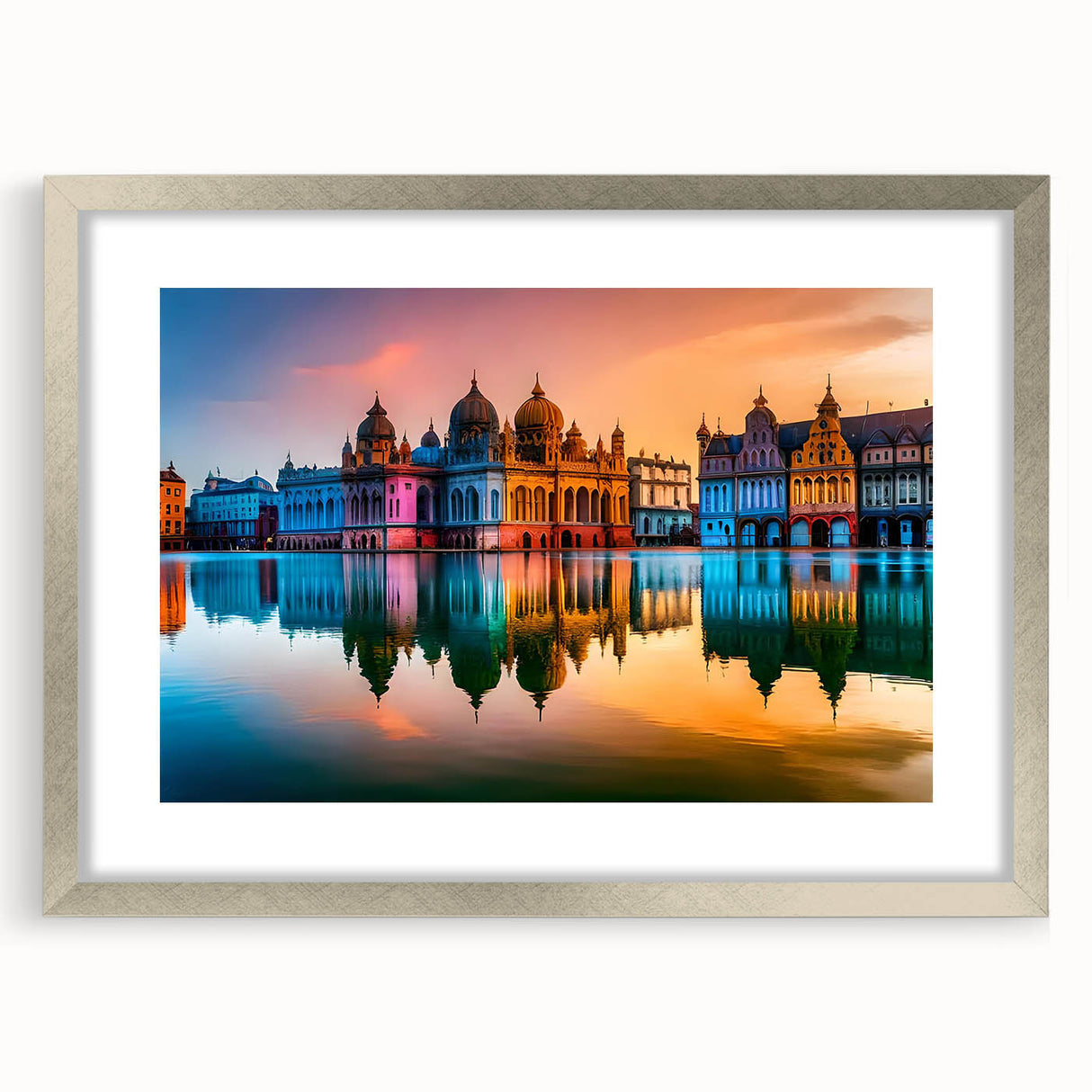Textured art depicting a European scenery in abstract style, with muted earth tones on a silver-framed mat.