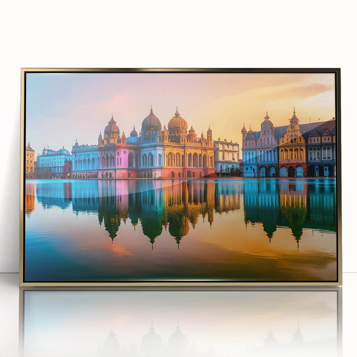 Framed acrylic print of a European cityscape in art deco style, featuring gold and blue tones.