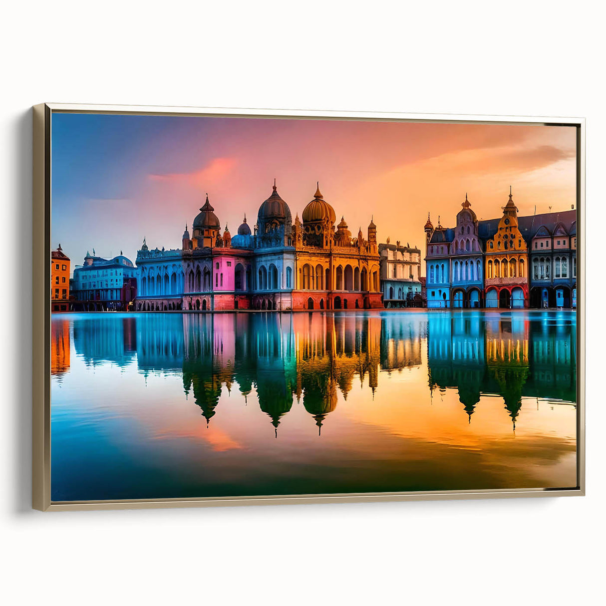 Framed canvas of a vintage-style landscape painting depicting a Hungarian scenery in colorful hues.