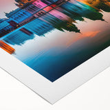 Art deco poster of a European cityscape in muted blues and grays on rolled canvas, suitable for dining room wall art.