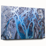 Acrylic print of a serene Icelandic landscape in muted blues and greens, ideal for bedroom or dining room decor.