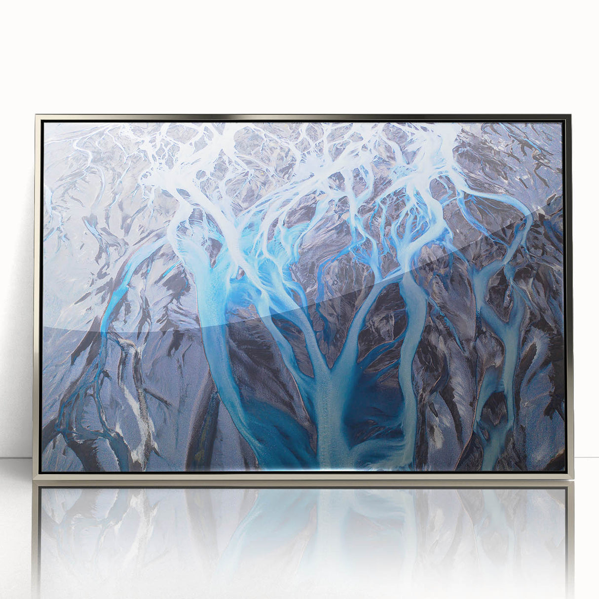 Large art print of an Icelandic landscape in muted earth tones on silver-framed acrylic, suitable for modern art wall decor.