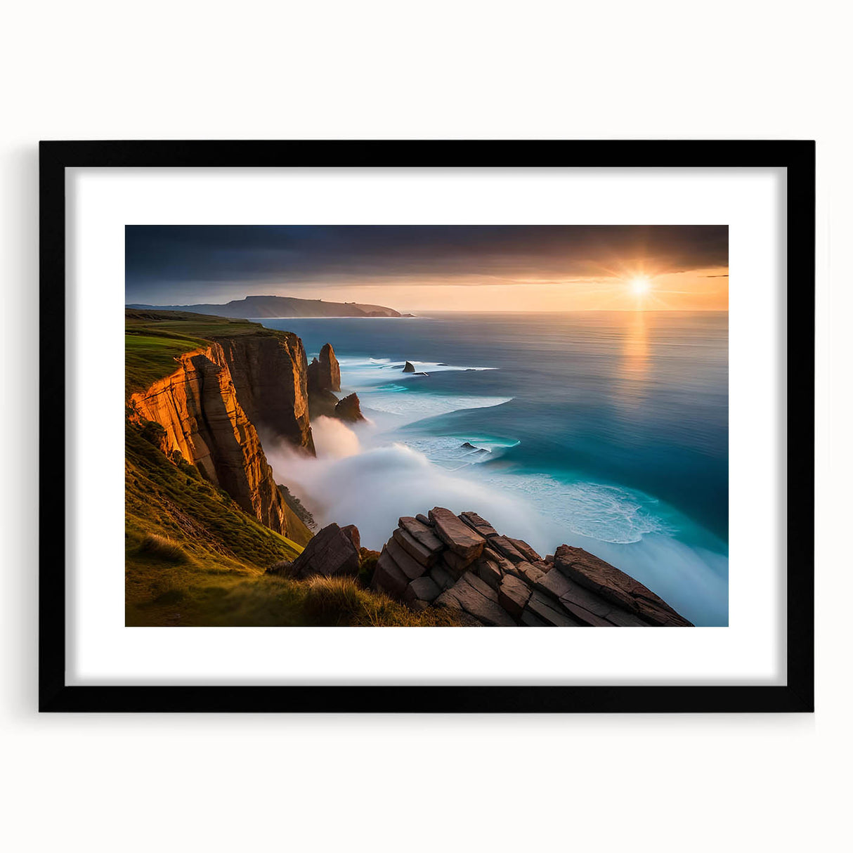 Abstract art print of a colorful Irish landscape in vibrant hues on a large framed canvas, ideal for living room decor.