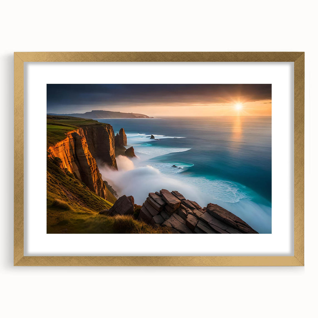 Abstract art print of a European landscape in muted green and blue tones, gold-framed with mat.