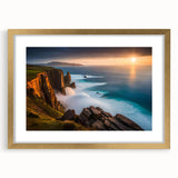 Abstract art print of a European landscape in muted green and blue tones, gold-framed with mat.