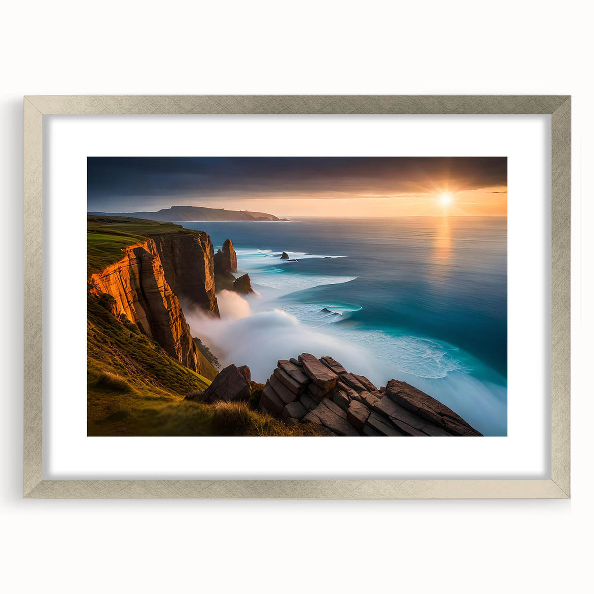 Extra large abstract art print featuring a textured depiction of an Irish landscape in earth tones, framed in silver.
