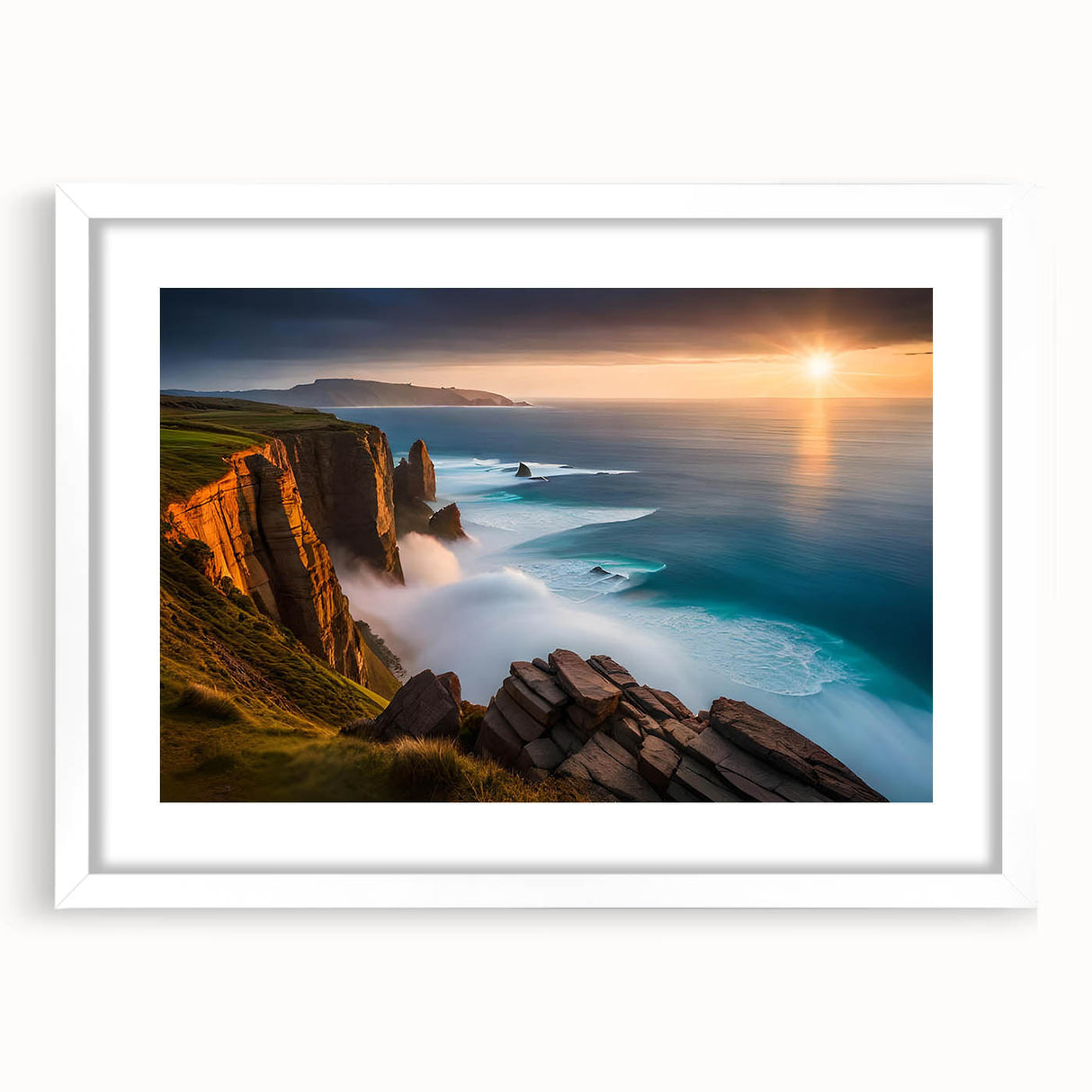 Textured art depicting an abstract Irish landscape in muted green and blue tones, framed with a white mat.