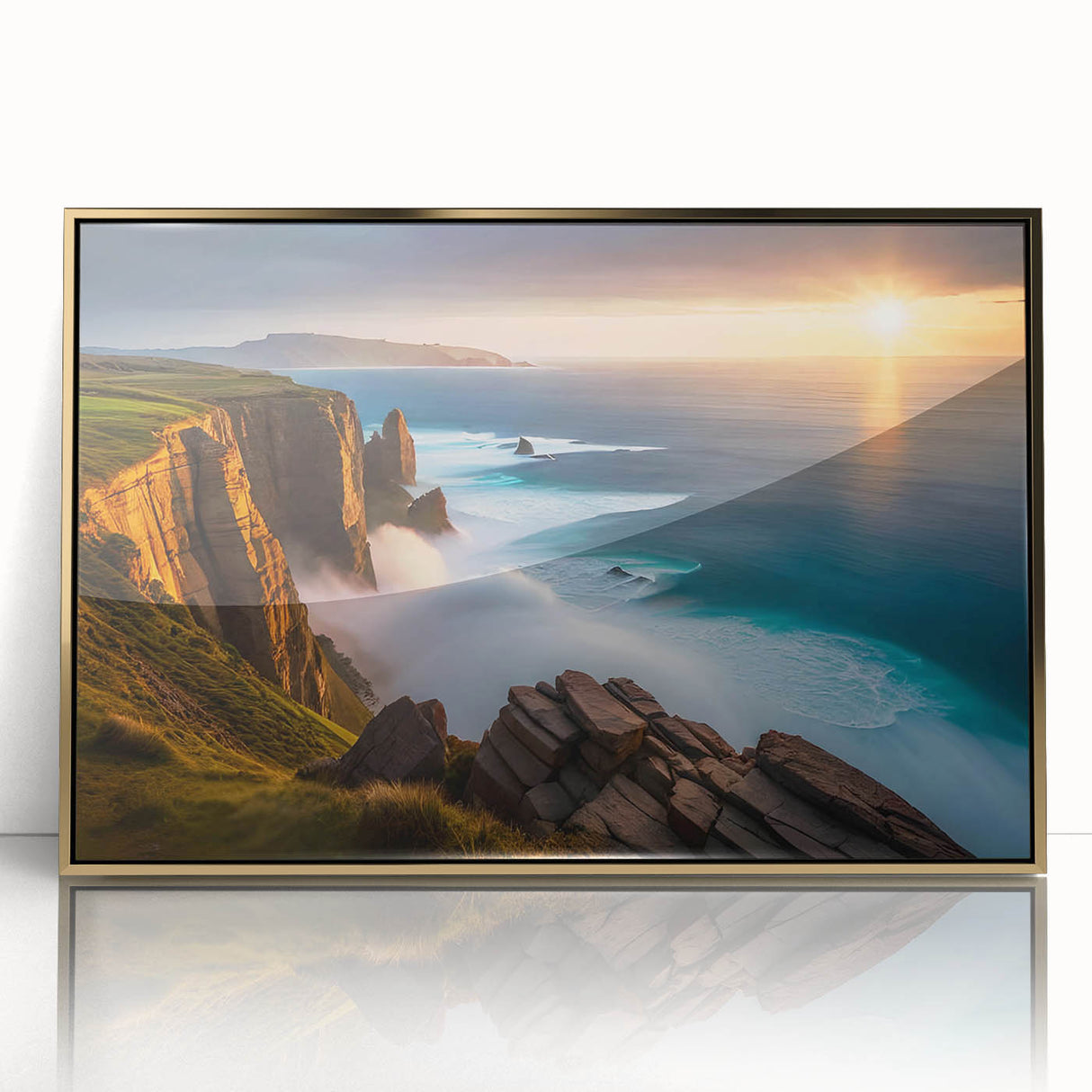 Acrylic print of a serene Irish landscape in green and gold tones, framed in gold, suitable for modern art wall decor.