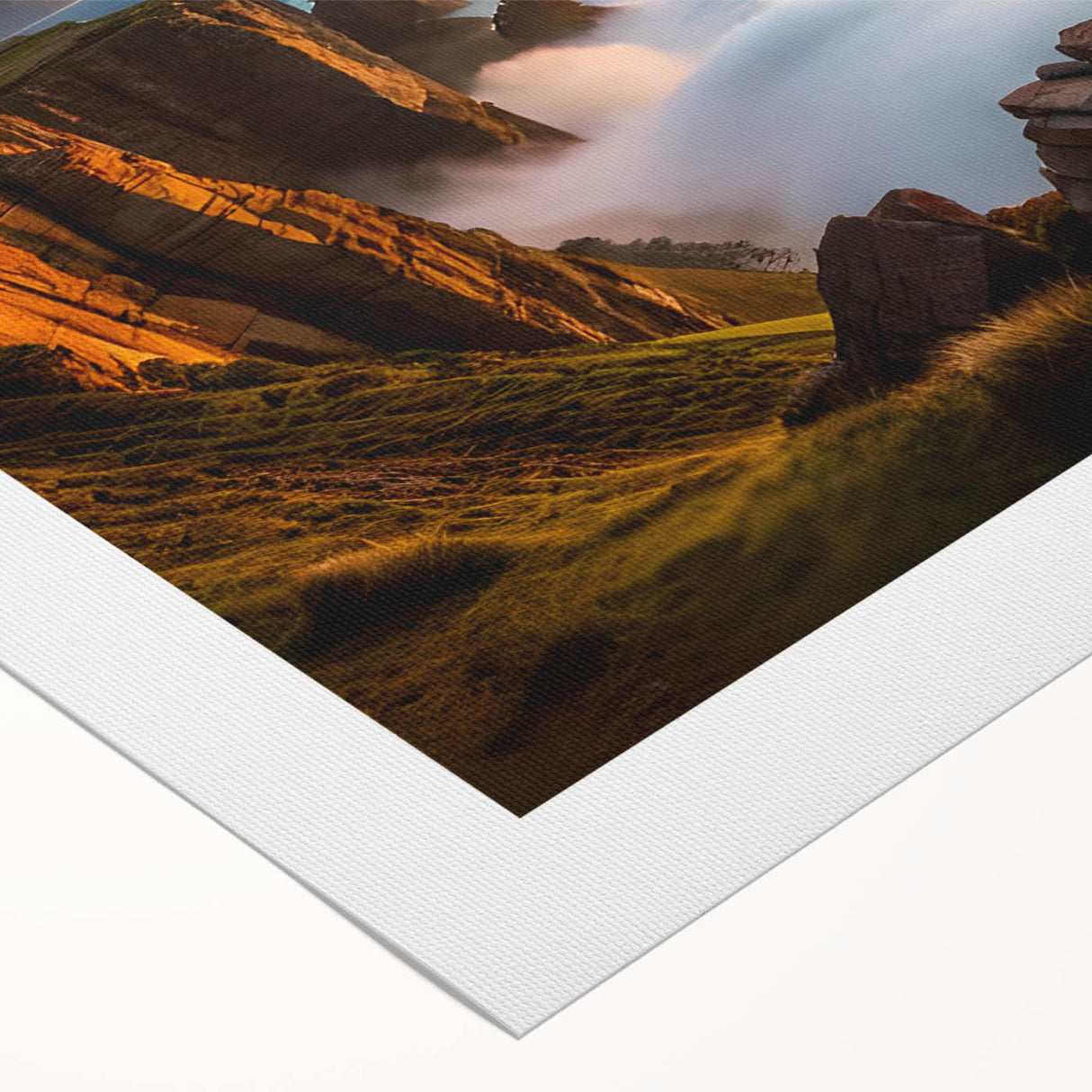 Art deco poster featuring a serene Irish landscape in muted green and blue tones on rolled canvas.
