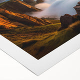Art deco poster featuring a serene Irish landscape in muted green and blue tones on rolled canvas.