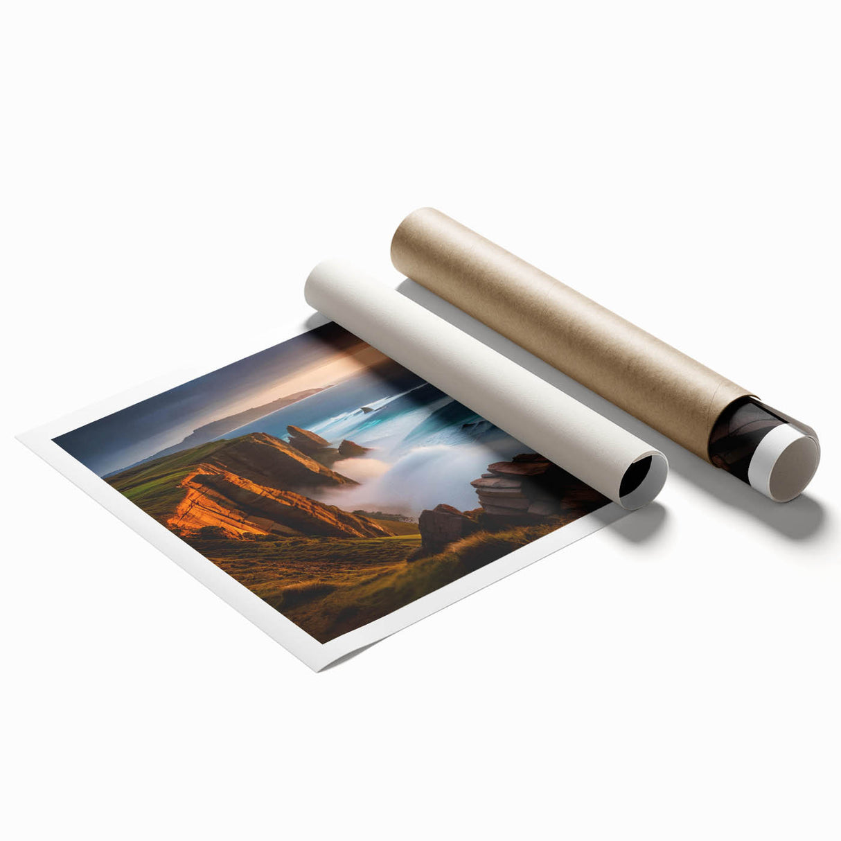 Extra large rolled print of a floral Irish landscape in muted green and blue tones, ideal for classy bathroom wall art.