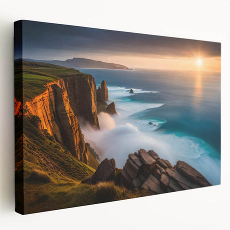 Large stretched canvas wall art depicting a serene Irish landscape in muted green and blue tones, suitable for kitchen decor.