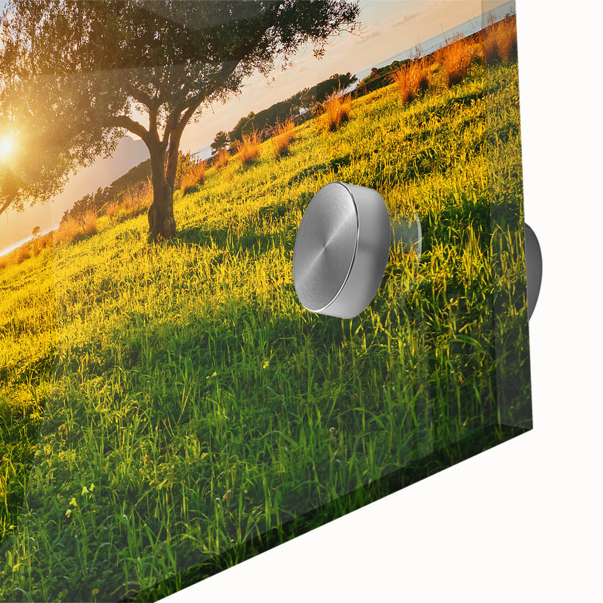 Large abstract wall art depicting a Sicilian landscape in muted earth tones on acrylic glass.