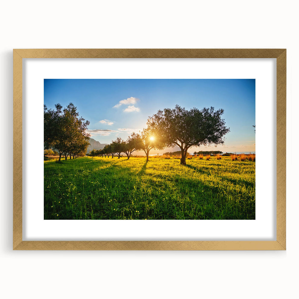 Abstract art print of a Sicilian landscape, in muted earth tones on a framed gold mat, ideal for dining room decor.
