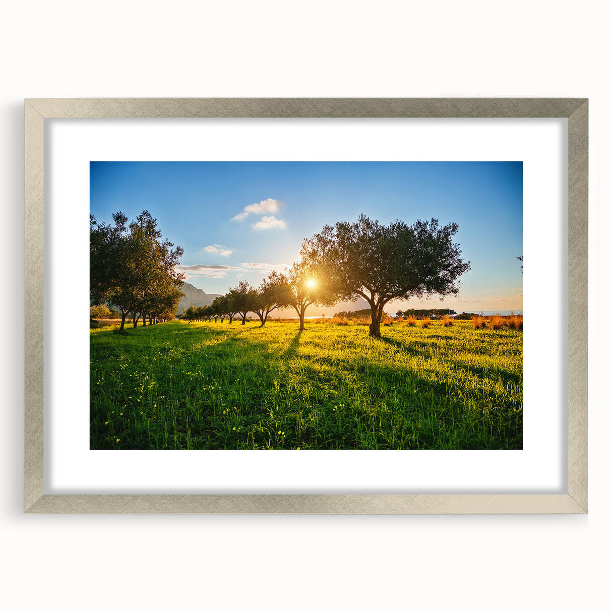 Extra large abstract print of Sicilian scenery in muted earth tones on a framed canvas, suitable for living room decor.