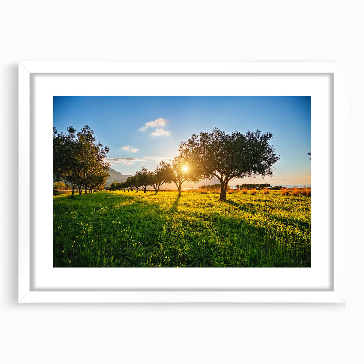 Textured abstract art print of Sicilian landscape in muted earth tones on a framed white mat, ideal for bedroom art.