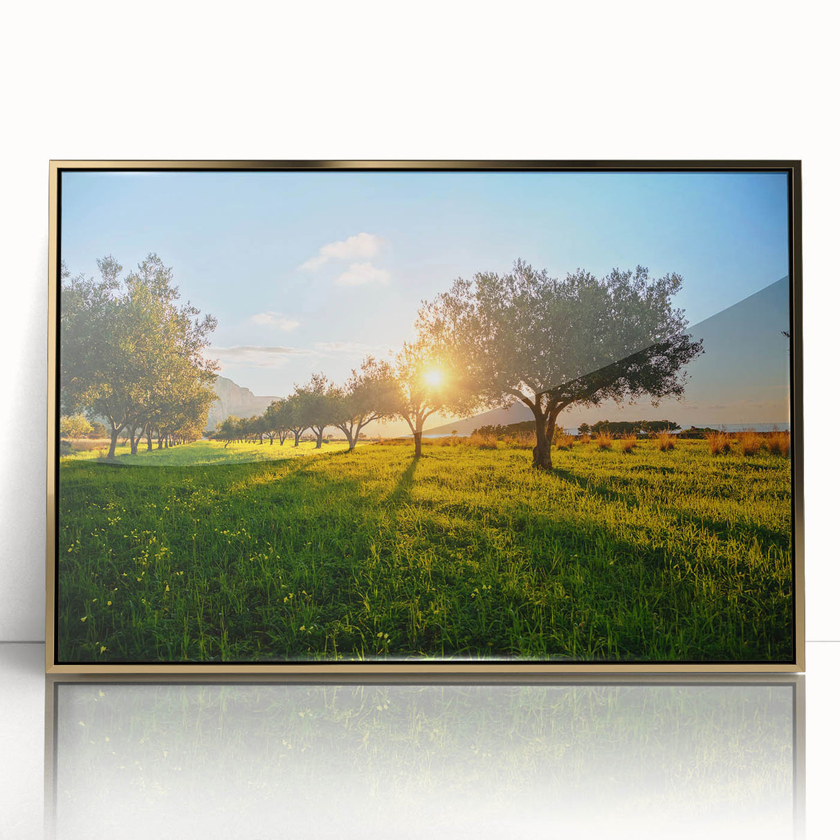 Acrylic print of a Sicilian landscape featuring muted earth tones in an art deco style, ideal for modern art wall decor.