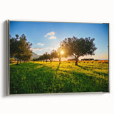 Landscape art painting of Sicilian scenery in muted earth tones on a silver-framed canvas, ideal for a dining room.