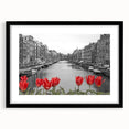 Colorful abstract art print of Venice scenery in vibrant hues on a large textured canvas, framed in black.