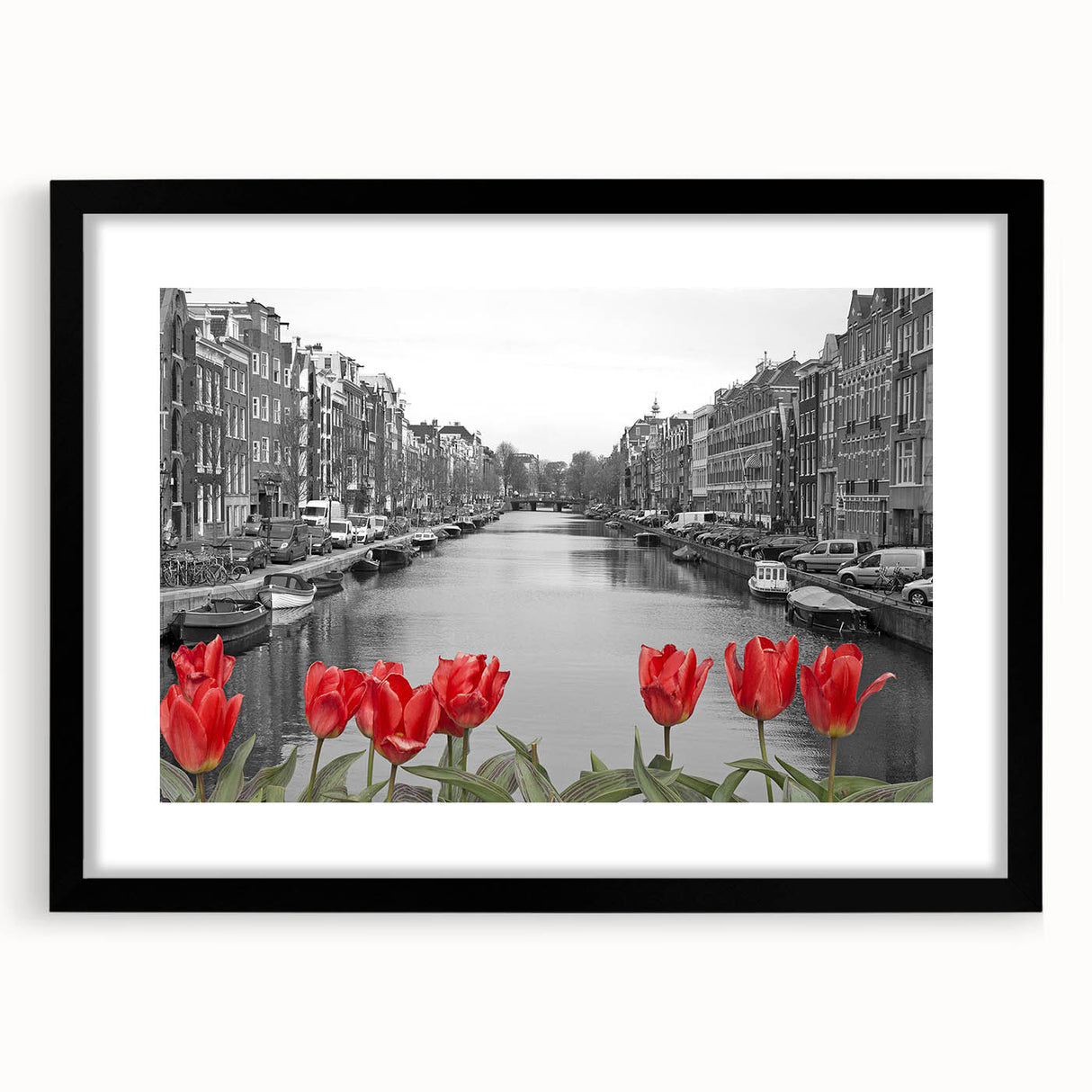 Colorful abstract art print of Venice scenery in vibrant hues on a large textured canvas, framed in black.