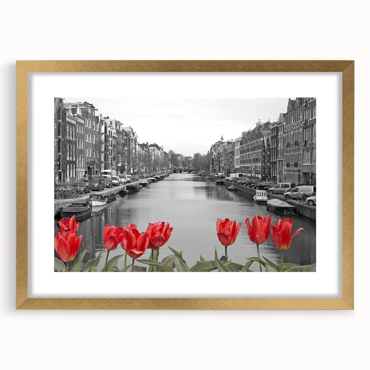 Abstract art print of Venice scenery in muted gold and blue tones on a framed canvas, suitable for dining room decor.