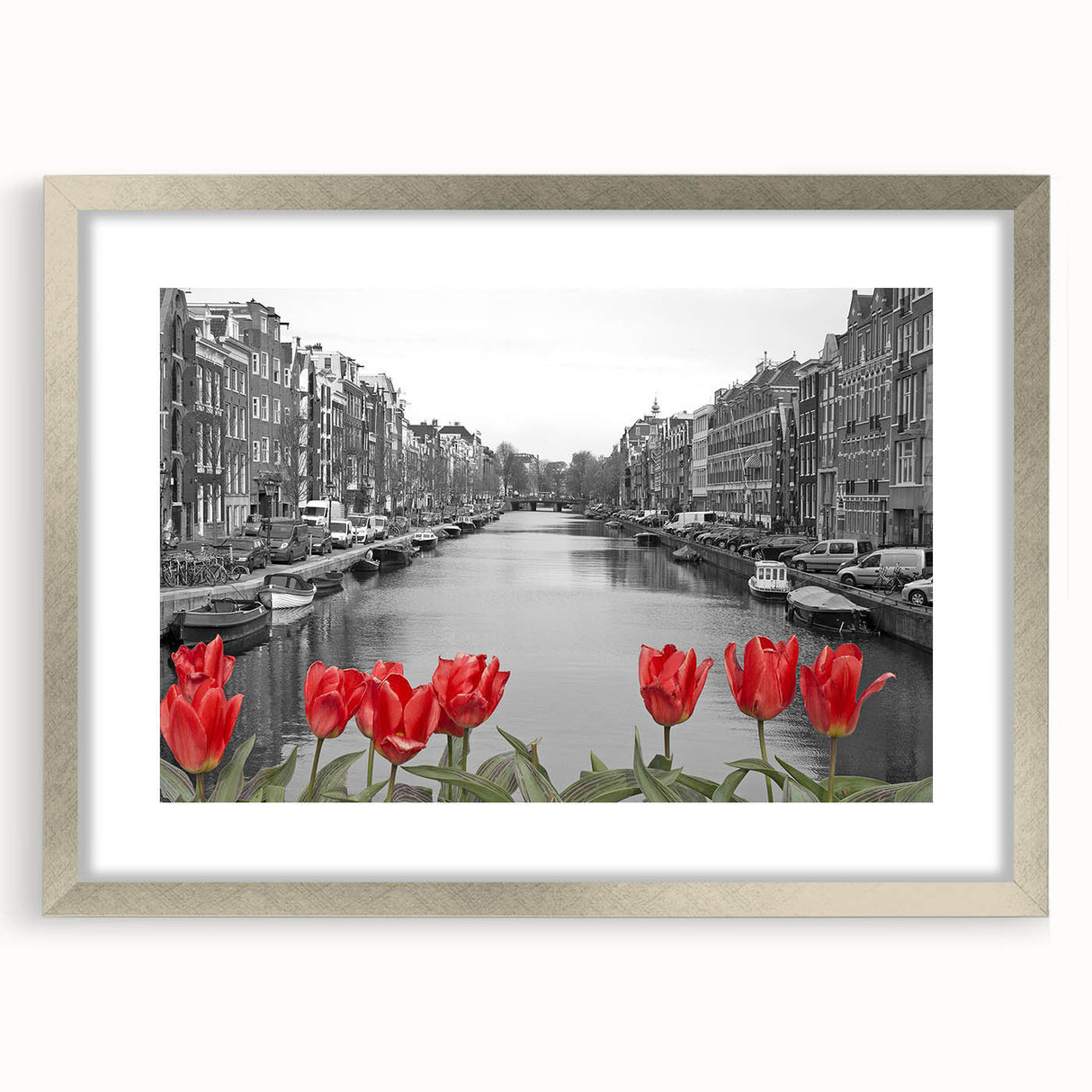Extra large wall art of an abstract Venice scenery in textured silver frame, ideal for living room decor.