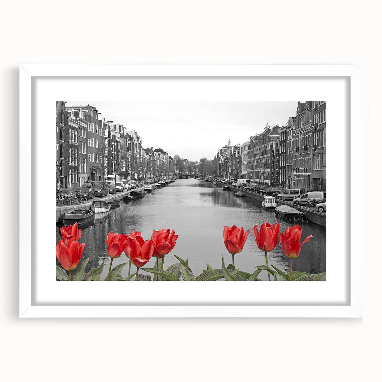 Textured art print of an abstract Venice scenery in muted earth tones on a framed white mat, suitable for bedroom decor.