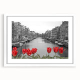 Textured art print of an abstract Venice scenery in muted earth tones on a framed white mat, suitable for bedroom decor.