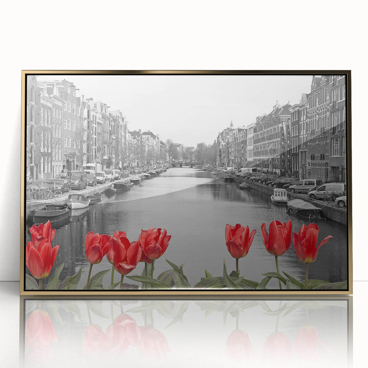 Acrylic print of Venice scenery with muted gold and blue tones, framed in gold, suitable for modern art wall decor.