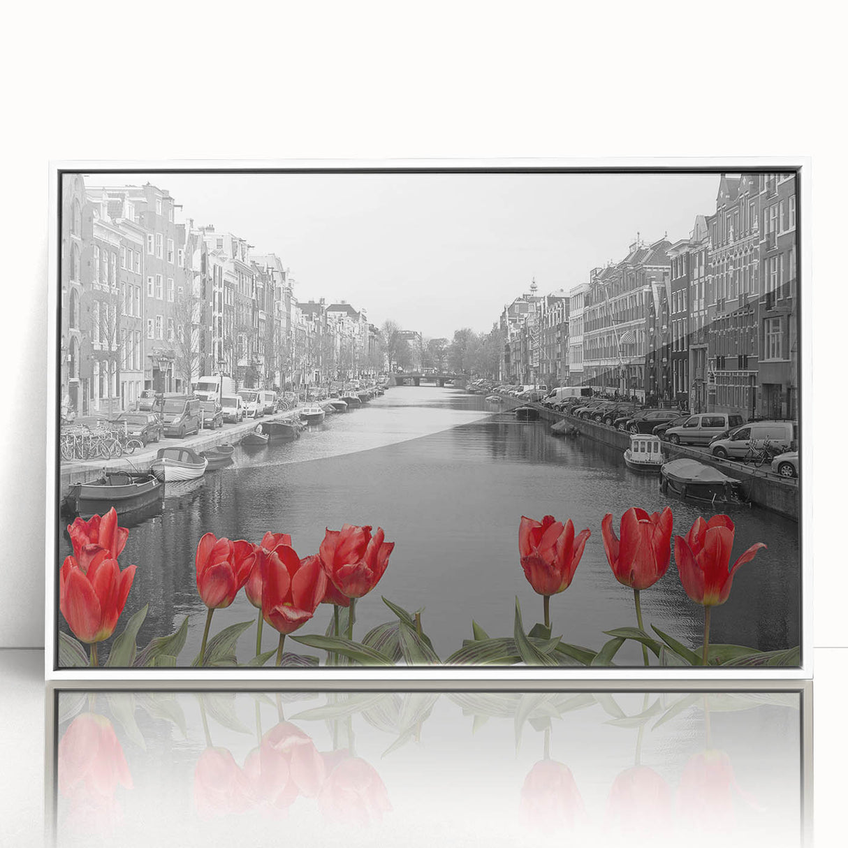 Mid-century modernist art depicting Venice scenery in muted pastels on a white framed acrylic.