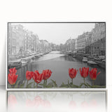Mid-century modernist art depicting Venice scenery in muted pastels on a white framed acrylic.