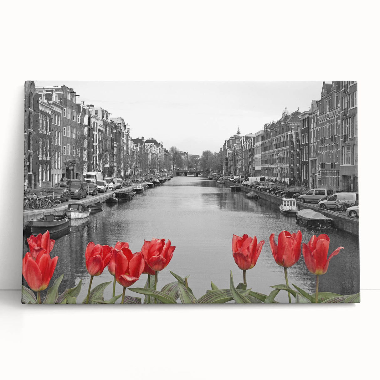 Black and white photo of Venice canal on stretched canvas, suitable for kitchen wall art.