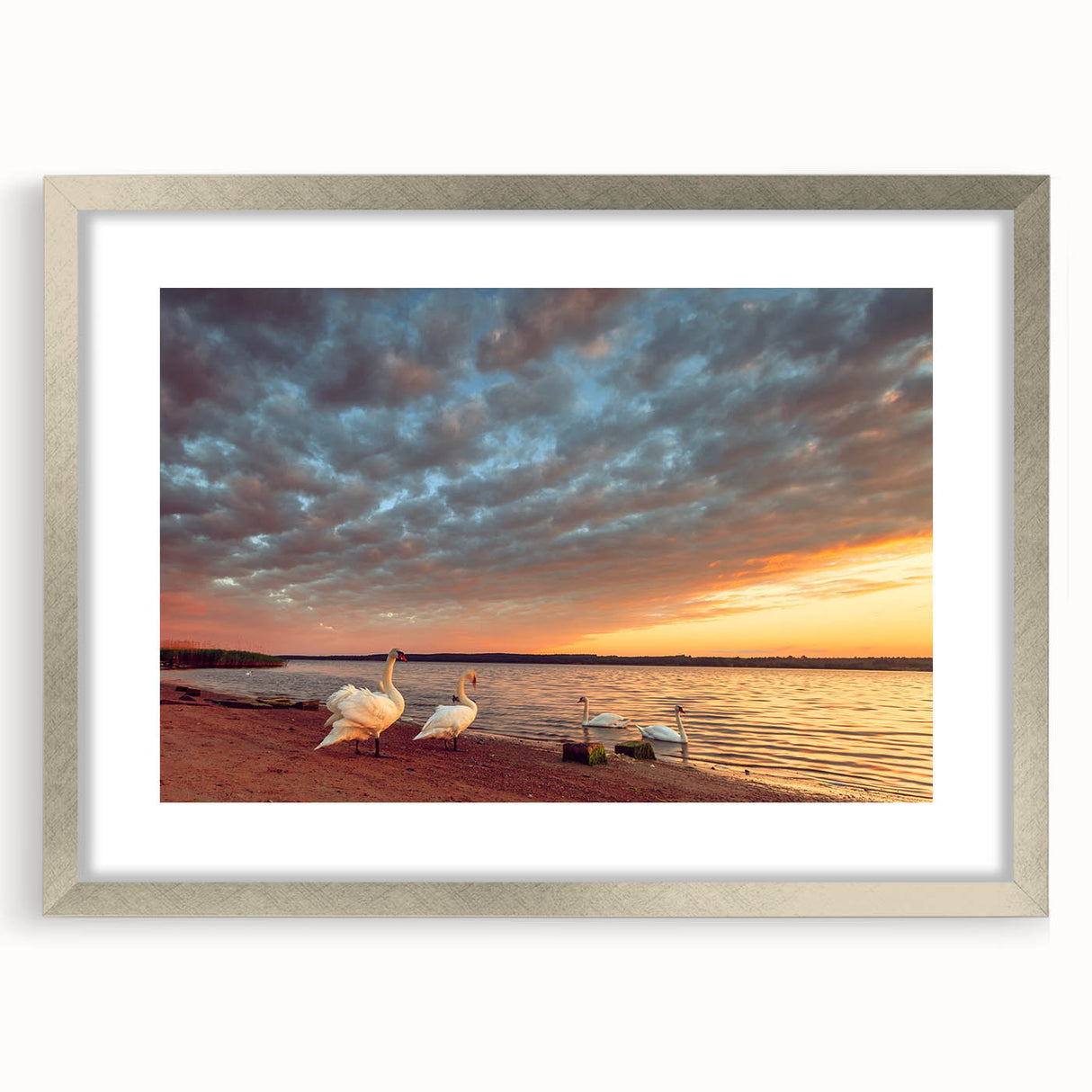 Extra large textured abstract art print depicting a European scenery in muted earth tones, framed in silver.