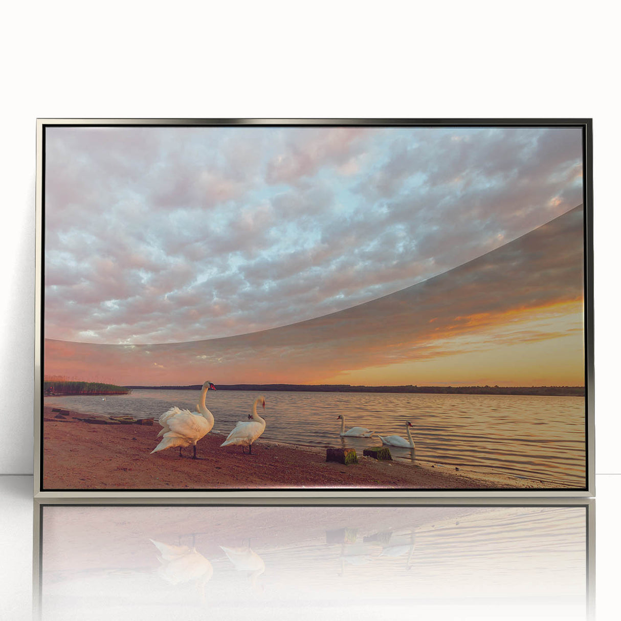 Acrylic print of a European Lithuanian landscape in muted earth tones, framed in silver, suitable for modern art wall decor.
