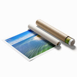 Extra large rolled print featuring a serene Polish landscape with lush florals in muted green and blue tones.