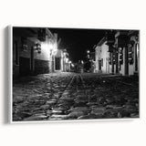Vintage poster art of Barcelona with colorful accents on a black background, framed canvas, ideal for living room decor.