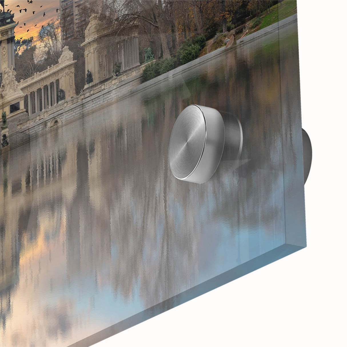 Large abstract wall art depicting Madrid's scenery in muted earth tones on acrylic glass, ideal for dining room decor.