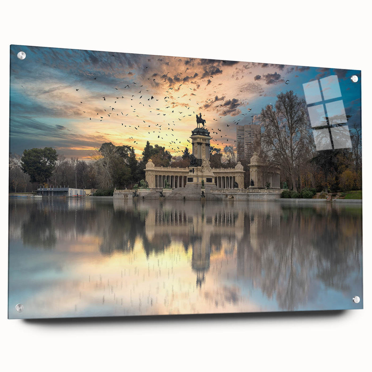 Acrylic print of a large abstract interpretation of Madrid with vibrant hues, ideal for dining room decor.