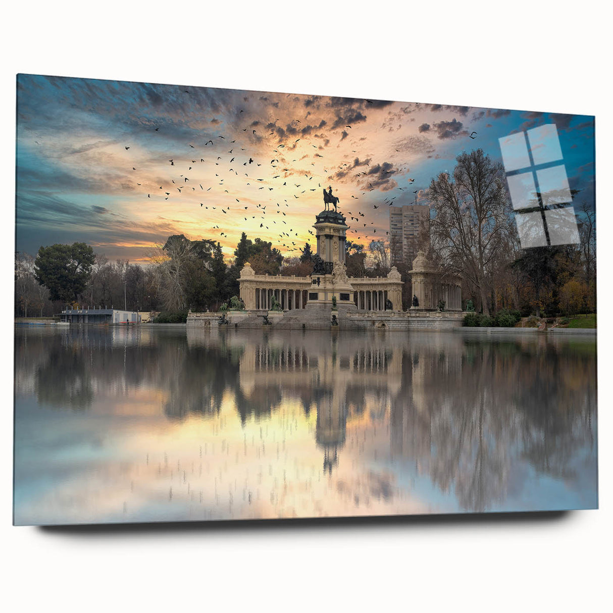 Large abstract wall art of Madrid skyline in muted earth tones on acrylic glass, suitable for bedroom or dining room decor.