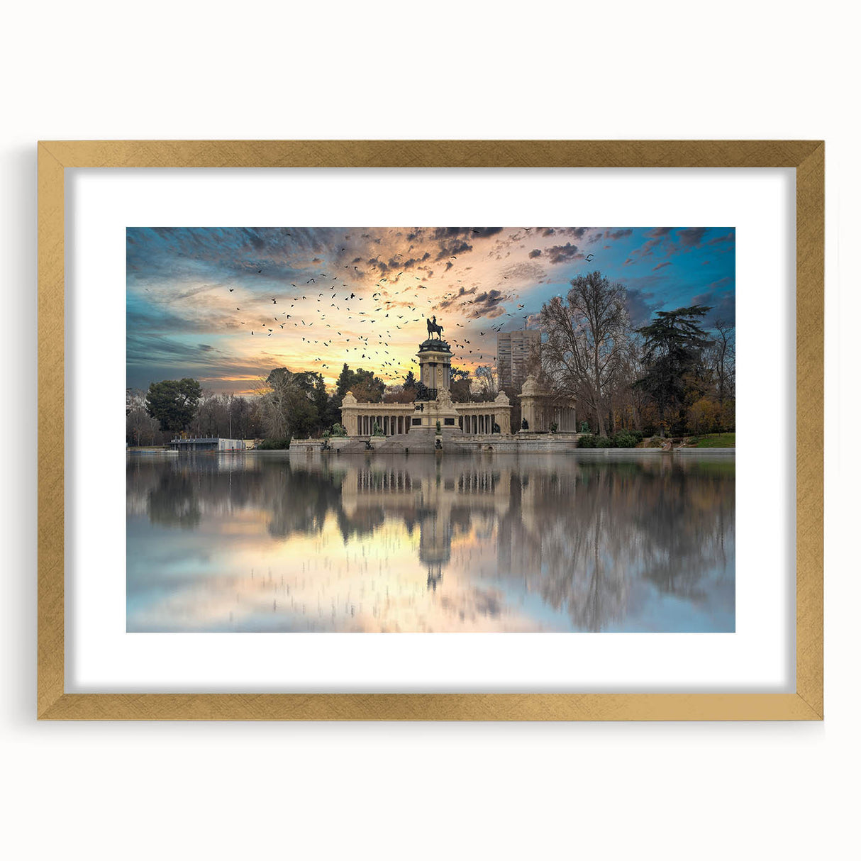Extra large abstract art print of Madrid scenery in textured gold frame, ideal for living room decor.