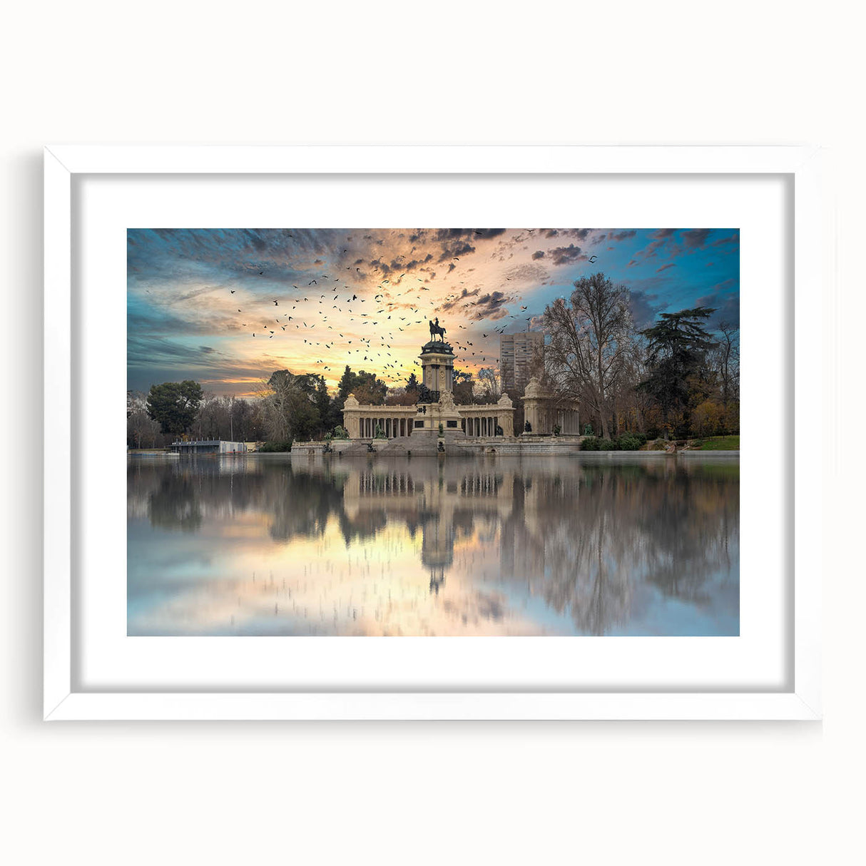 Abstract art print of Madrid cityscape in muted earth tones on a framed white mat, suitable for dining room decor.